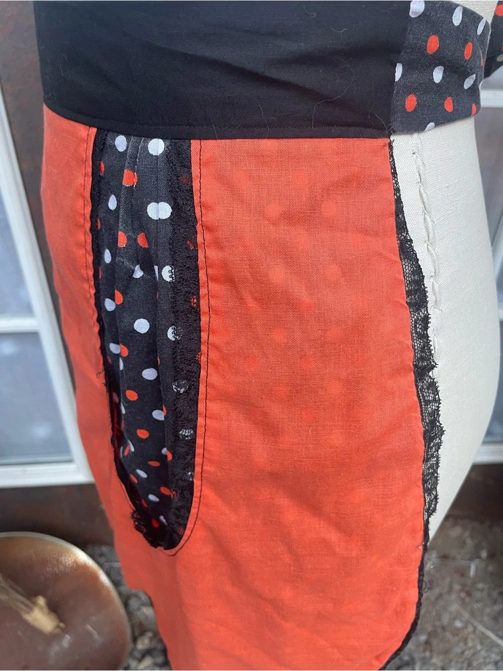 Vintage Orange and Black Polka Dot Half Apron - Kitchen Linen